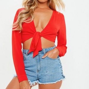 Red Crepe Tie Front Top